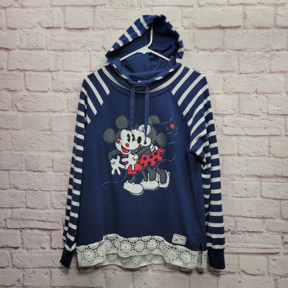 Disney Parks Mickey Minnie Mouse Stripe Hoodie L Crochet Lace Coquette Preppy